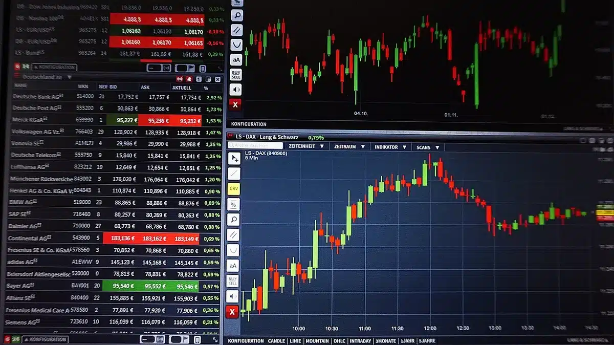 close-up of a laptop screen showing FX trading lines and a notepad with notes