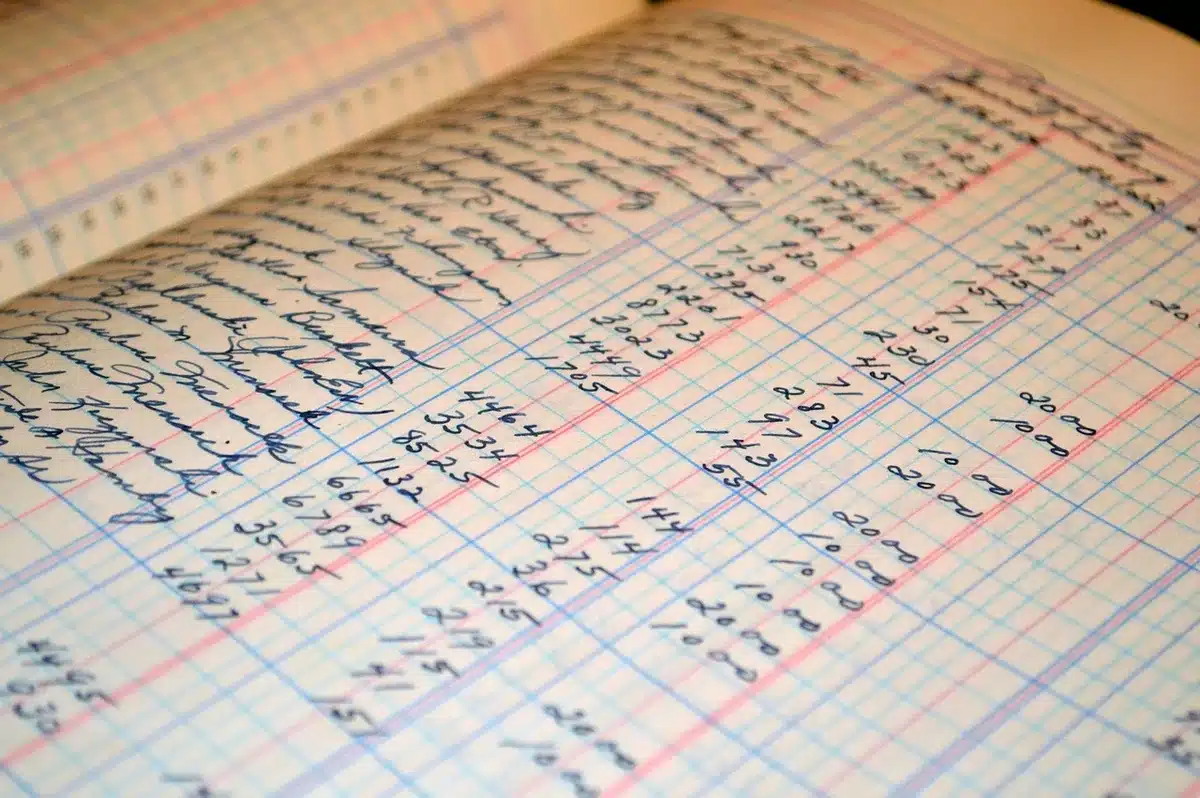 close-up of a calculator next to a ledger and out-of-focus coins in the background